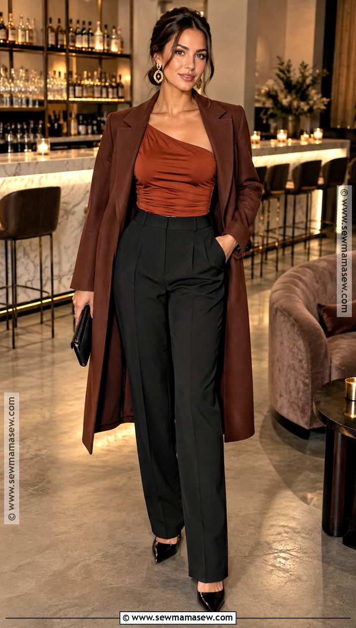 One Shoulder Top and High Waisted Trousers Bar Outfit - 25 Thanksgiving Eve Outfit Bar Ideas