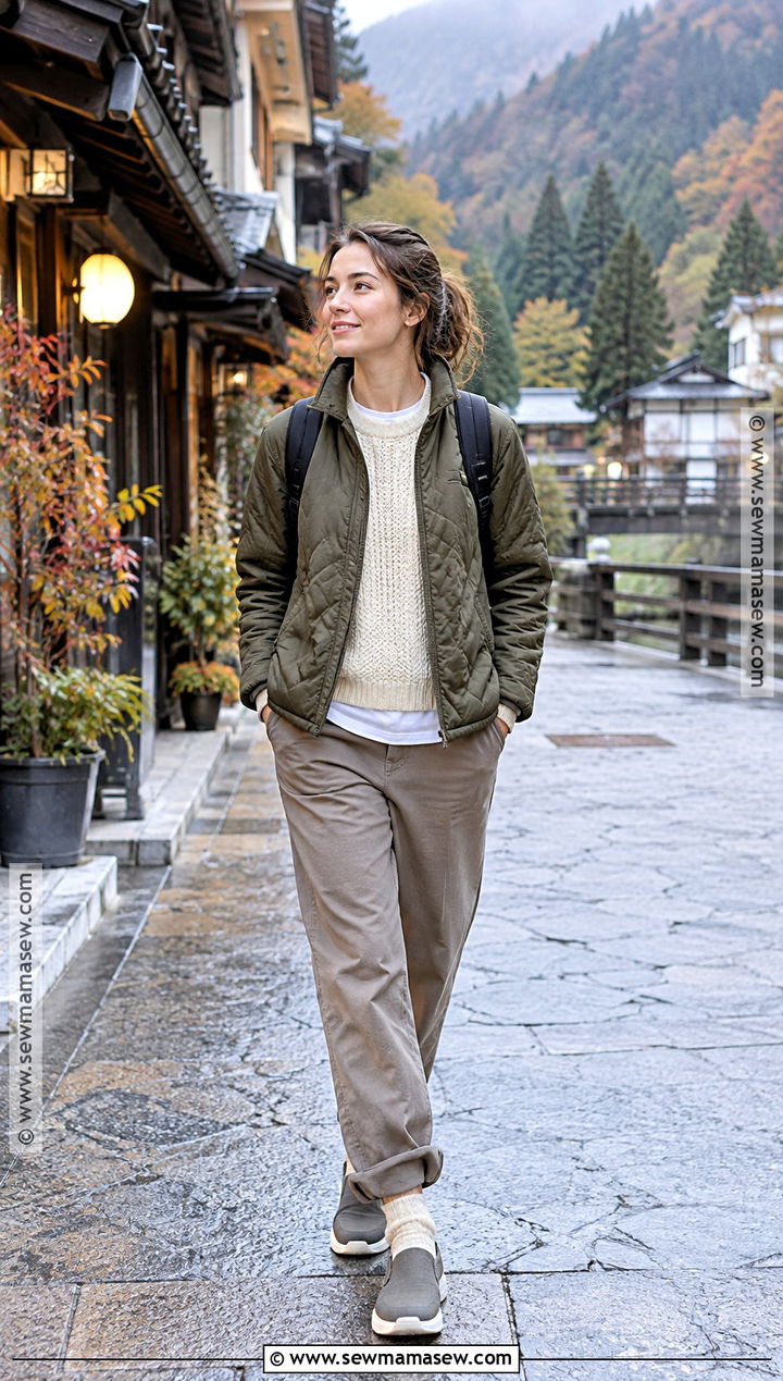 Onsen Town Quilted Jacket And Relaxed Pants Outfit - 20 japan in november outfit ideas