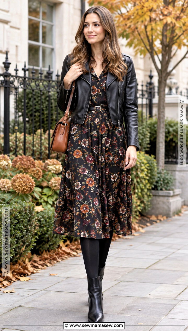 Opaque Tights With Floral Midi Dress - 20 Fall Tights Outfit Ideas