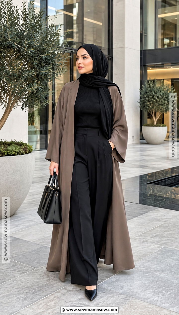 Open Abaya And Tailored Trousers Hijabi Fall Outfit - 20 hijabi fall fits
