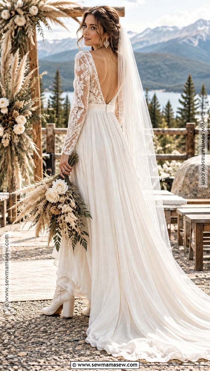 Open Back Boho Long Sleeve Wedding Dress - 15 boho fall wedding dress long sleeve ideas