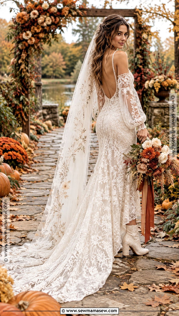 Open Back Boho Wedding Dress With Detachable Sleeves - 15 boho wedding dress fall ideas