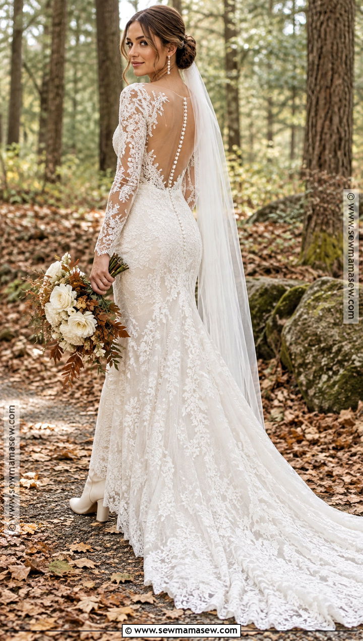 Open Back Fit And Flare Lace Wedding Dress - 15 rustic boho fall wedding dress ideas