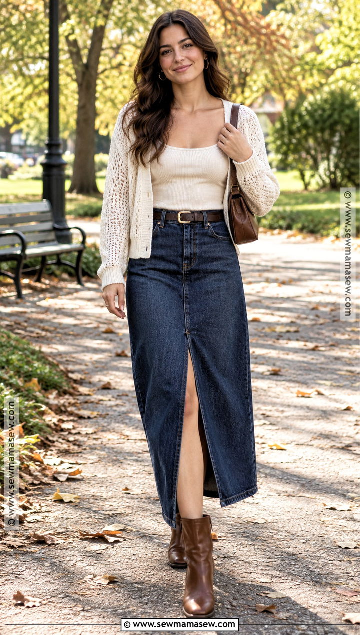 Open Knit Sweater With Denim Maxi Skirt - 15 fall knitwear collection ideas