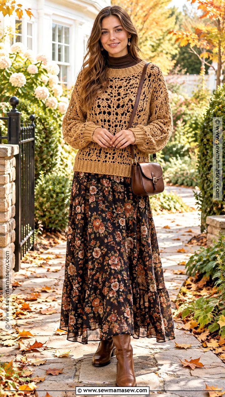 Open Stitch Crochet Sweater With Mock Neck Top And Maxi Skirt - 15 Autumn Crochet Sweater Ideas