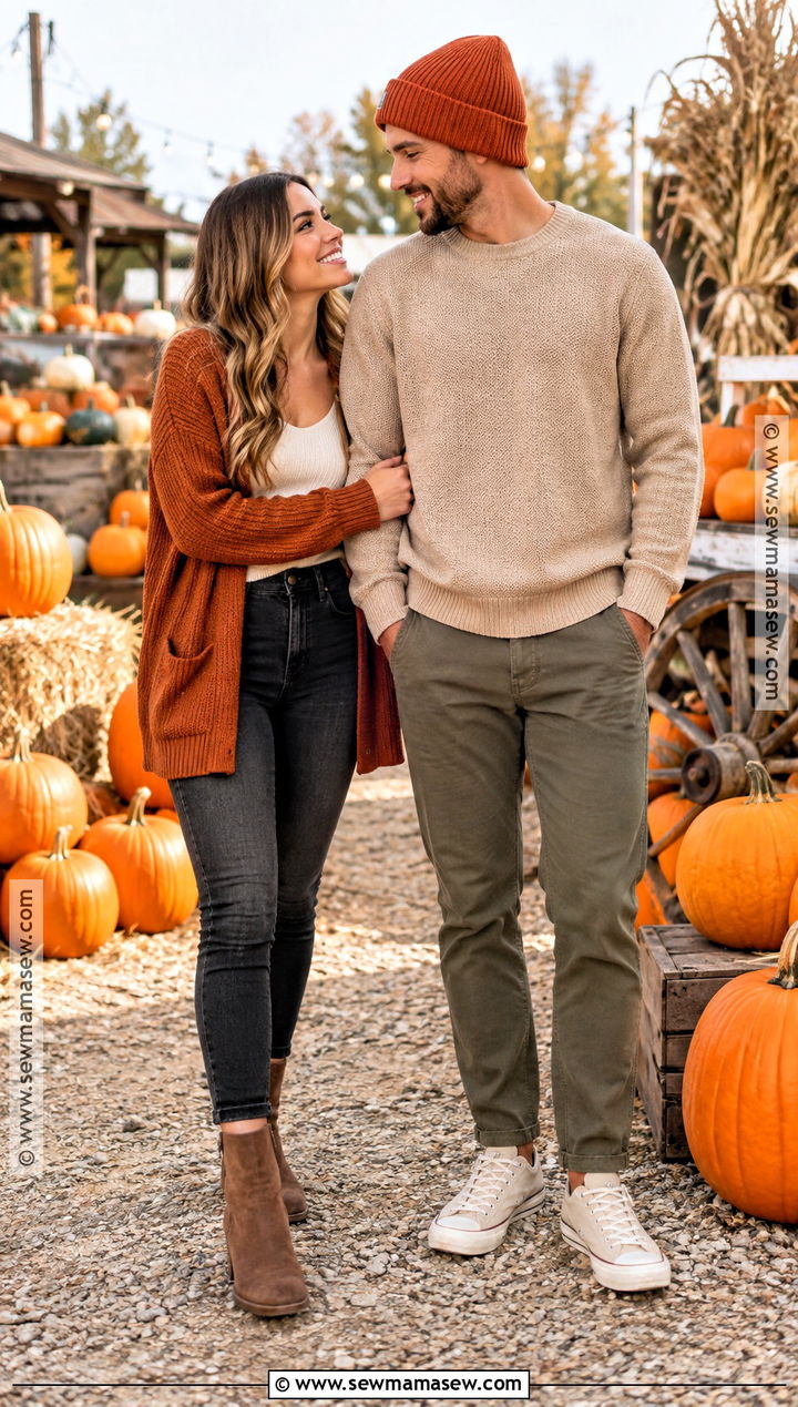 Orange Accent And Neutral Couple Outfit - 25 pumpkin patch outfit ideas for couples