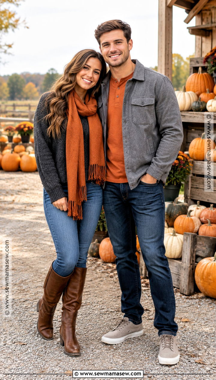Orange Accents And Neutral Layers Pumpkin Patch Outfit - 20 matching pumpkin patch outfits for couples