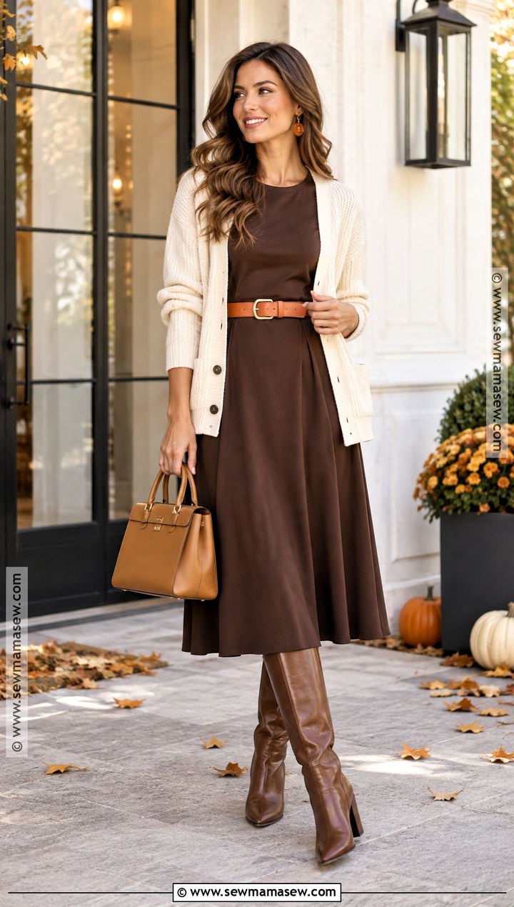 Orange Belt With Brown Midi Dress Outfit - 15 Autumn Orange Fashion Accessories