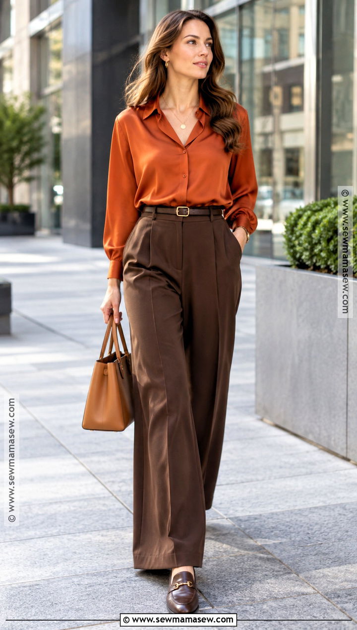 Orange Blouse With Chocolate Brown Trousers - 15 orange top outfit fall ideas