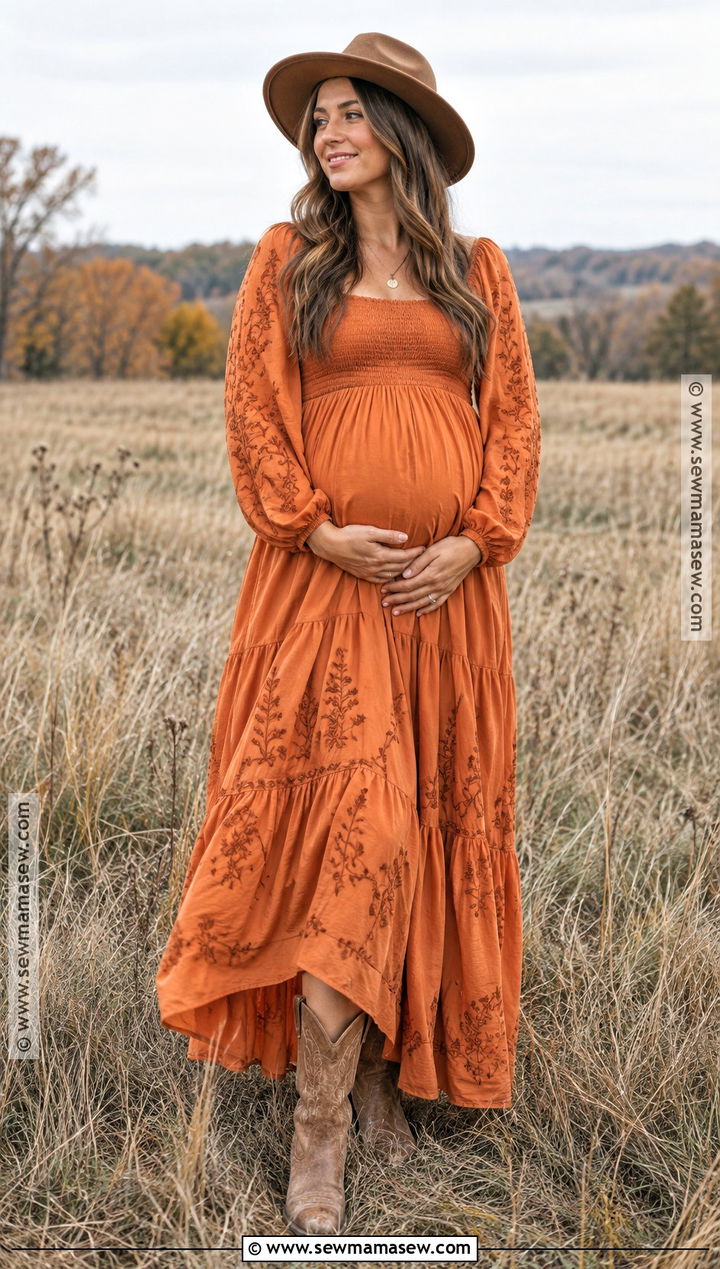 Orange Boho Maxi Dress With Western Boots - 15 fall maternity photos orange dress ideas
