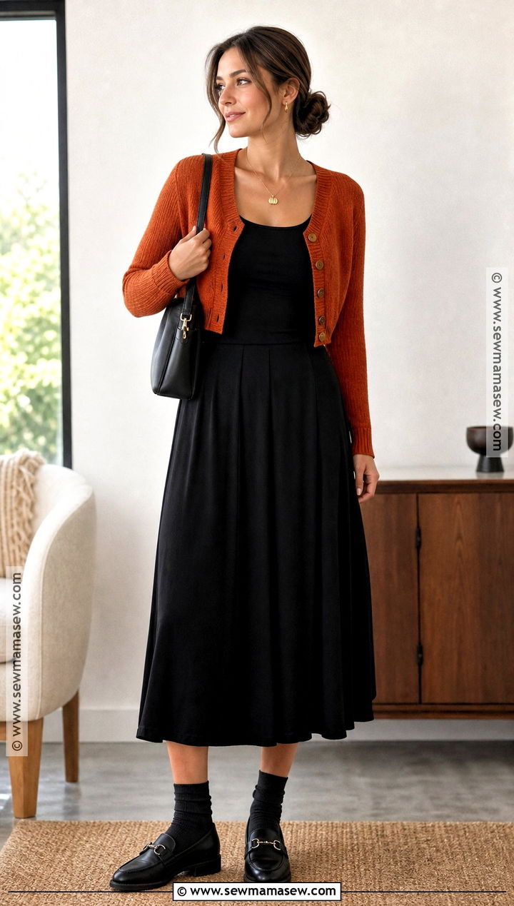 Orange Cardigan And Black Midi Skirt Outfit - 35 casual halloween outfits