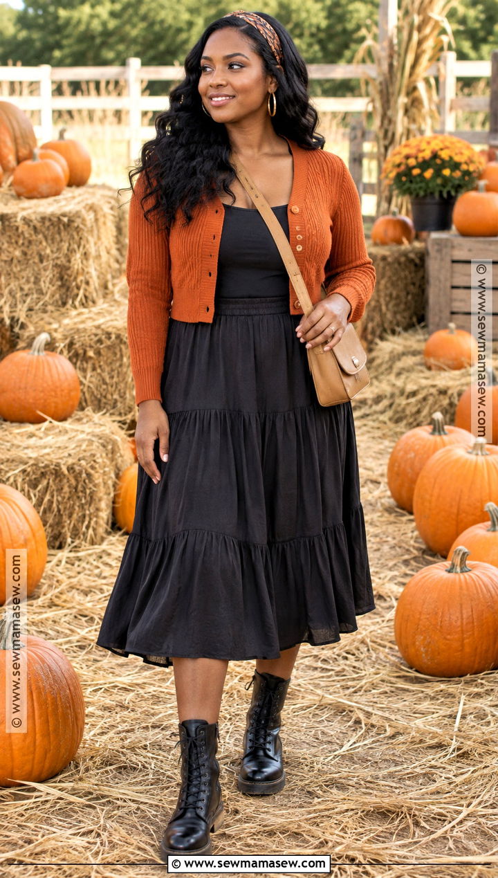 Orange Cardigan And Black Midi Skirt Pumpkin Patch Outfit - 25 pumpkin patch outfit ideas for black women