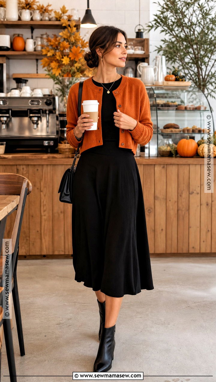Orange Cardigan Halloween Outfit With Black Midi Skirt - 30 Halloween Casual Outfits
