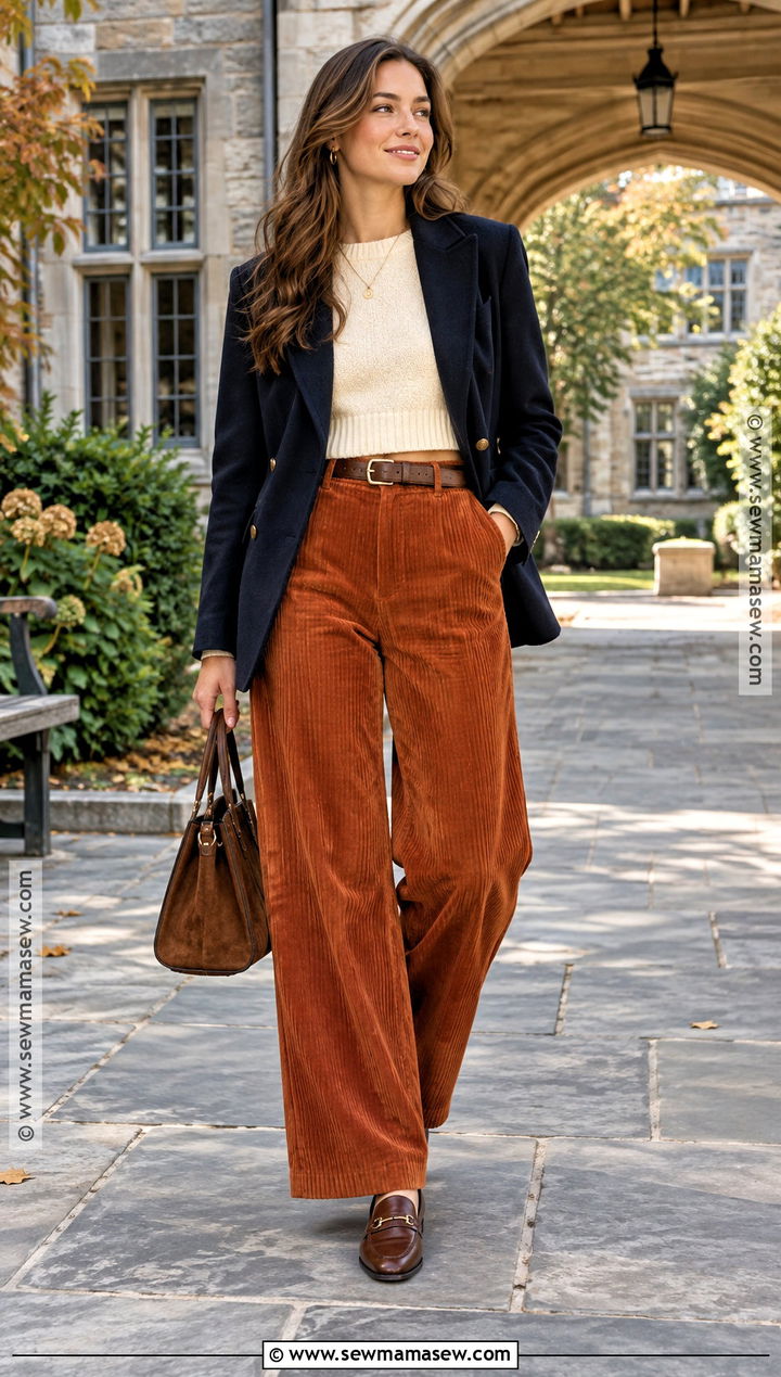 Orange Corduroy Pants With Cream Sweater - 20 autumn outfits orange