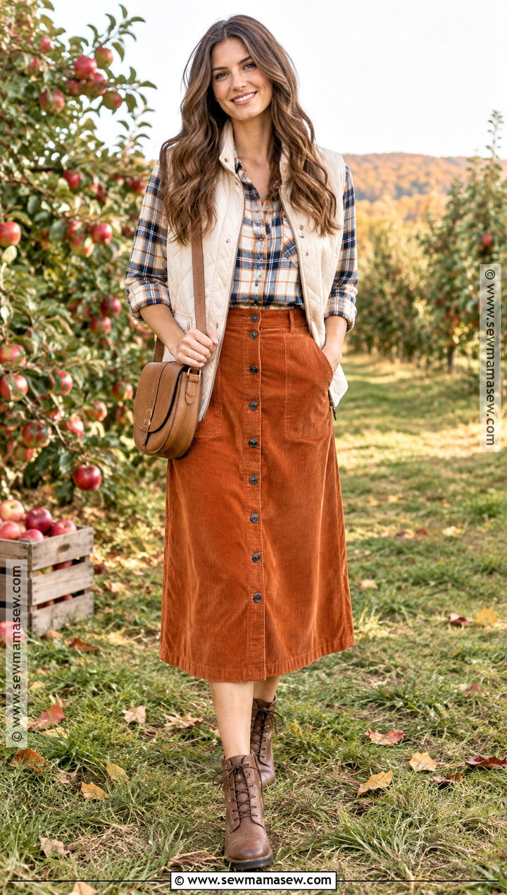 Orange Corduroy Skirt With Plaid Shirt - 20 orange skirt outfit fall ideas