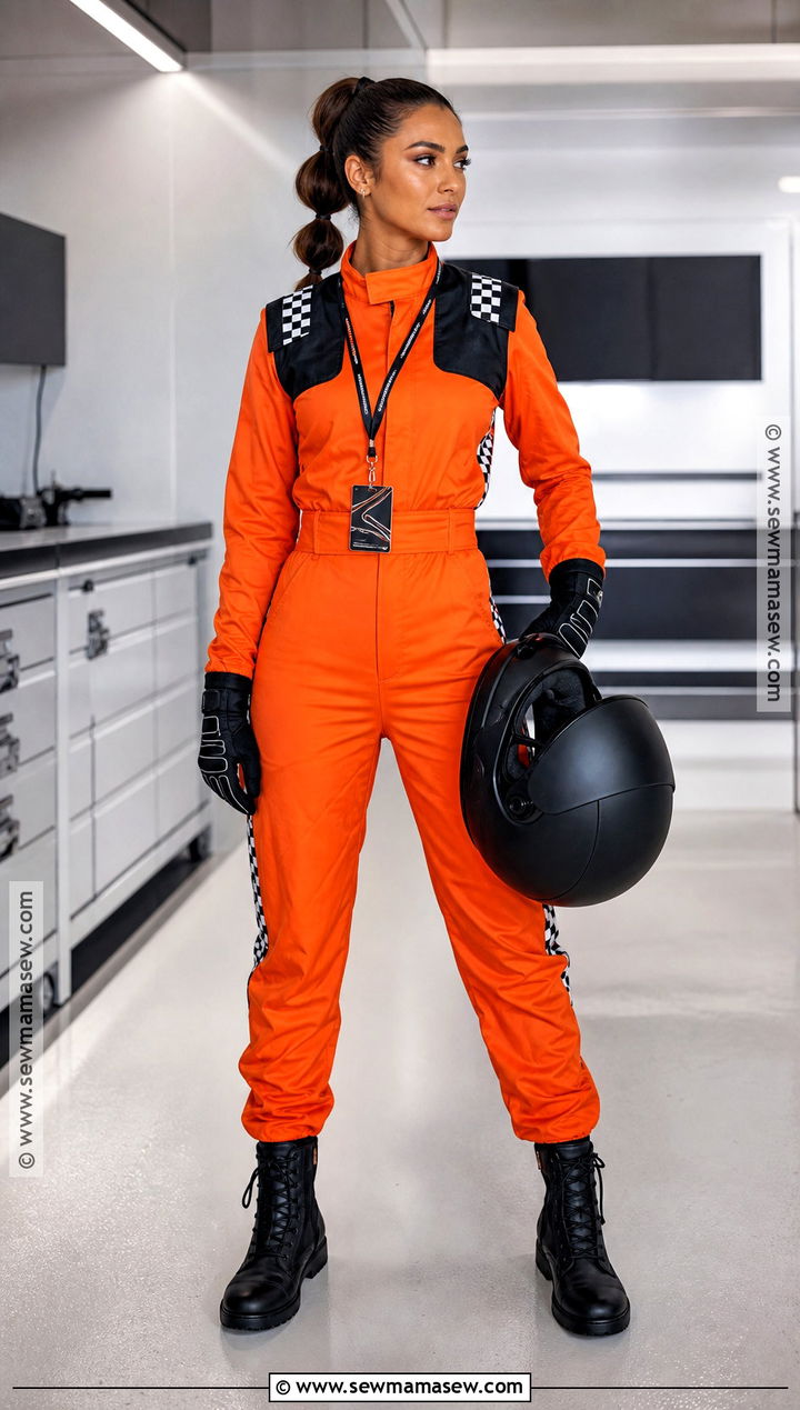Orange F1 Driver Costume With Black Boots - 30 F1 Driver Costume Ideas for Women