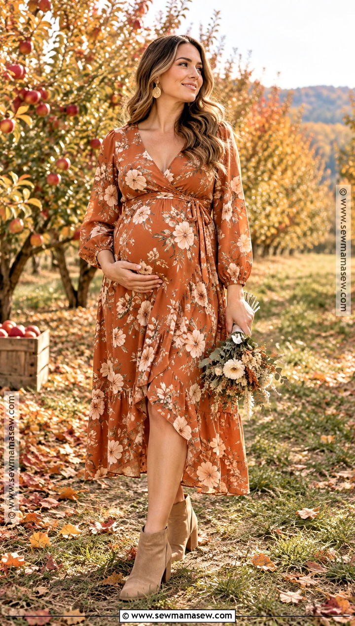 Orange Floral Maternity Dress With Tan Booties - 15 fall maternity photos orange dress ideas