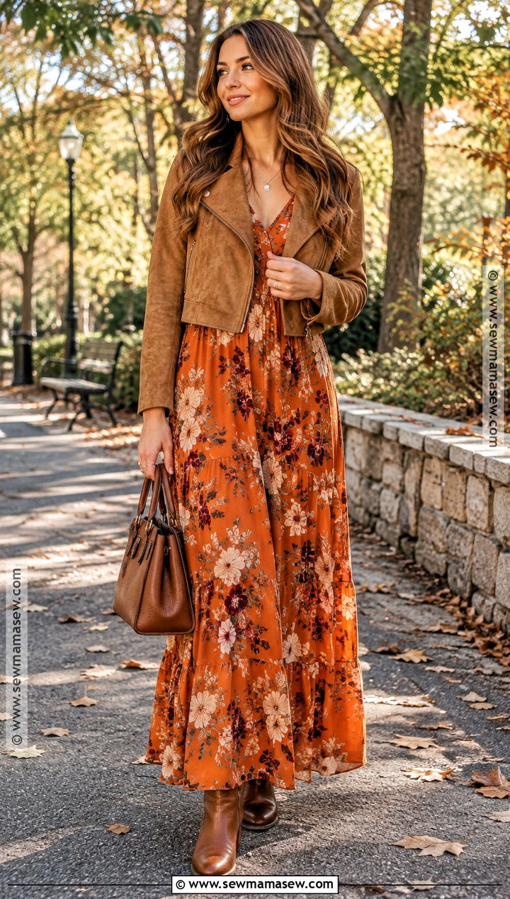 Orange Floral Maxi Dress With Suede Jacket - 15 Fall Fashion Orange Dress Ideas