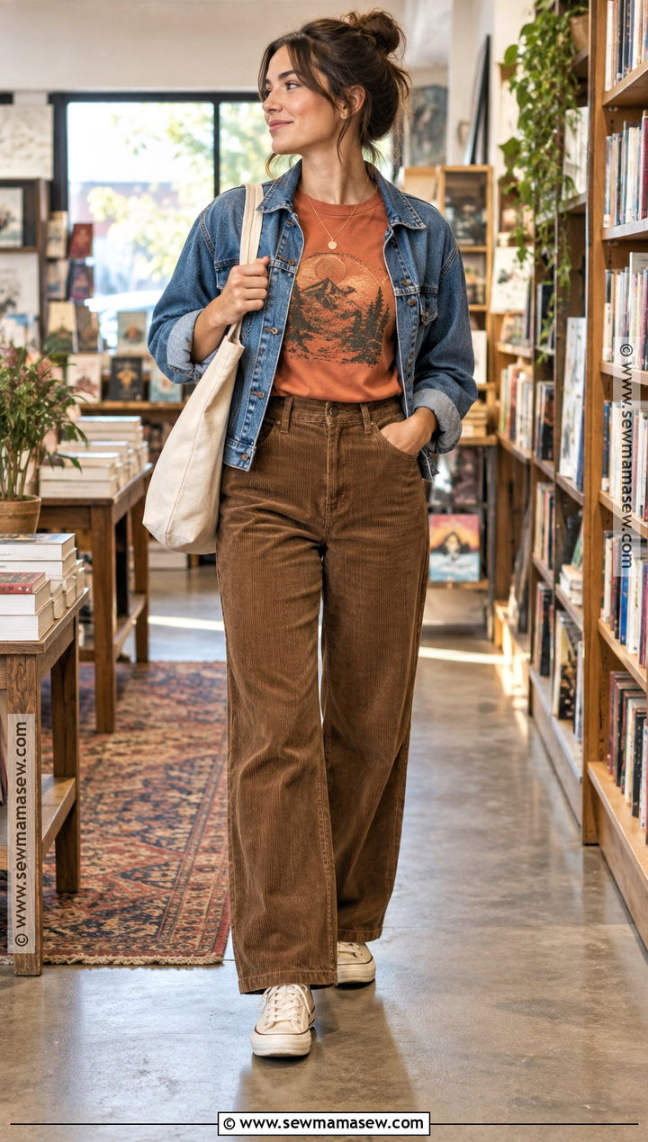 Orange Graphic Tee With Corduroy Pants - 15 orange top outfit fall ideas