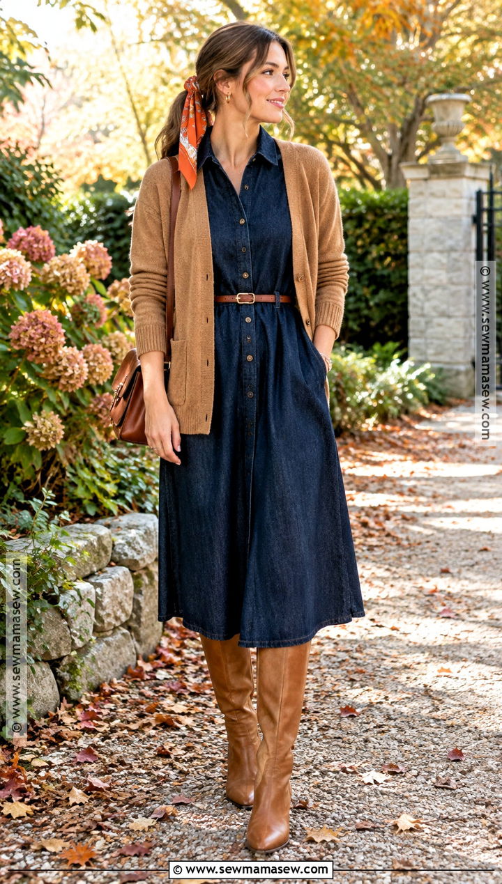 Orange Hair Scarf With Denim Dress Outfit - 15 Autumn Orange Fashion Accessories