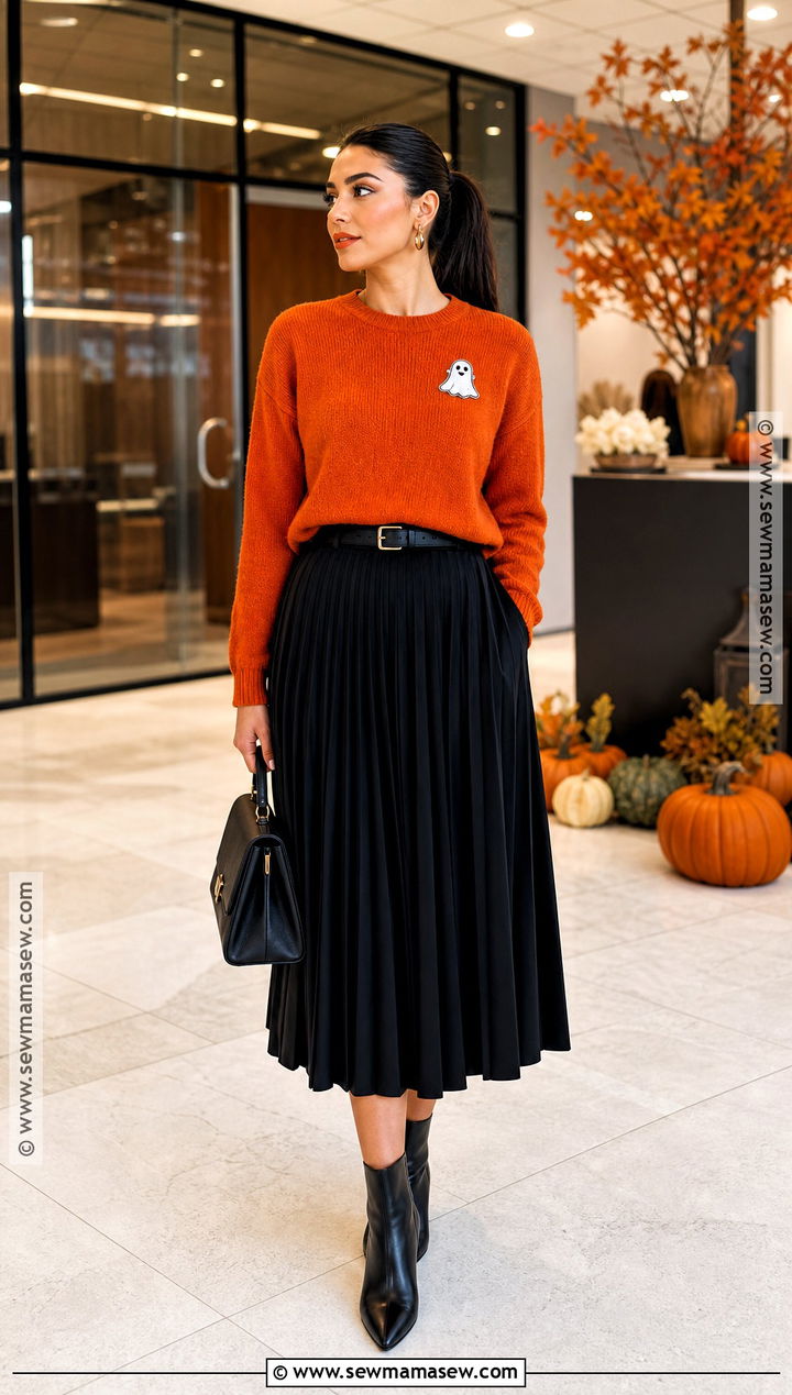 Orange Halloween Sweater With Black Midi Skirt - 35 halloween sweater ideas