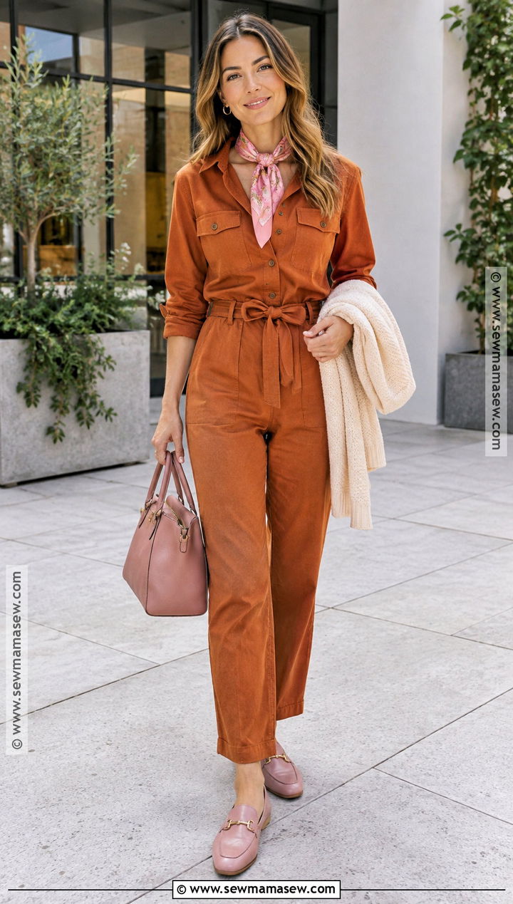 Orange Jumpsuit And Pink Accessories Outfit - 15 pink and orange fall outfit ideas