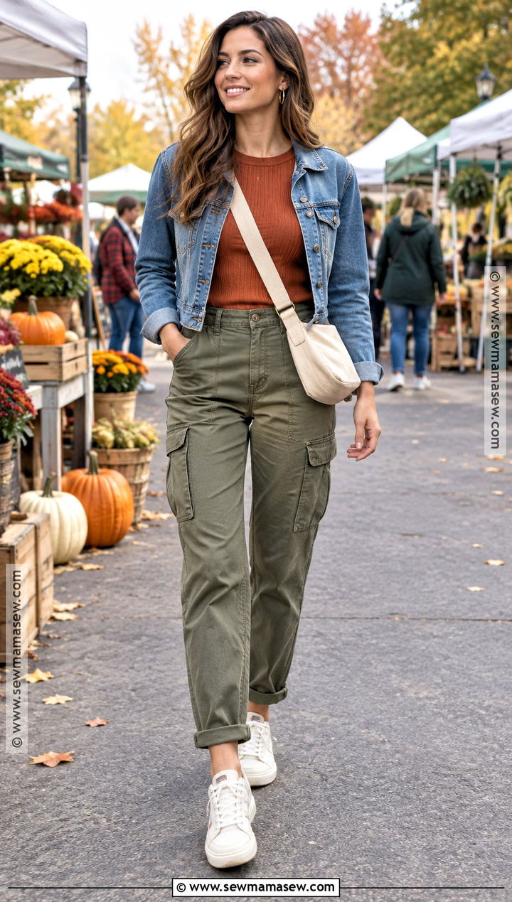 Orange Knit Top With Olive Cargo Pants - 15 orange top outfit fall ideas