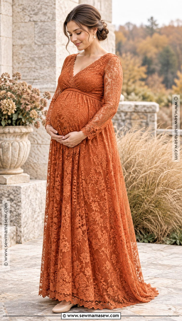 Orange Lace Maternity Gown With Pearl Earrings - 15 fall maternity photos orange dress ideas
