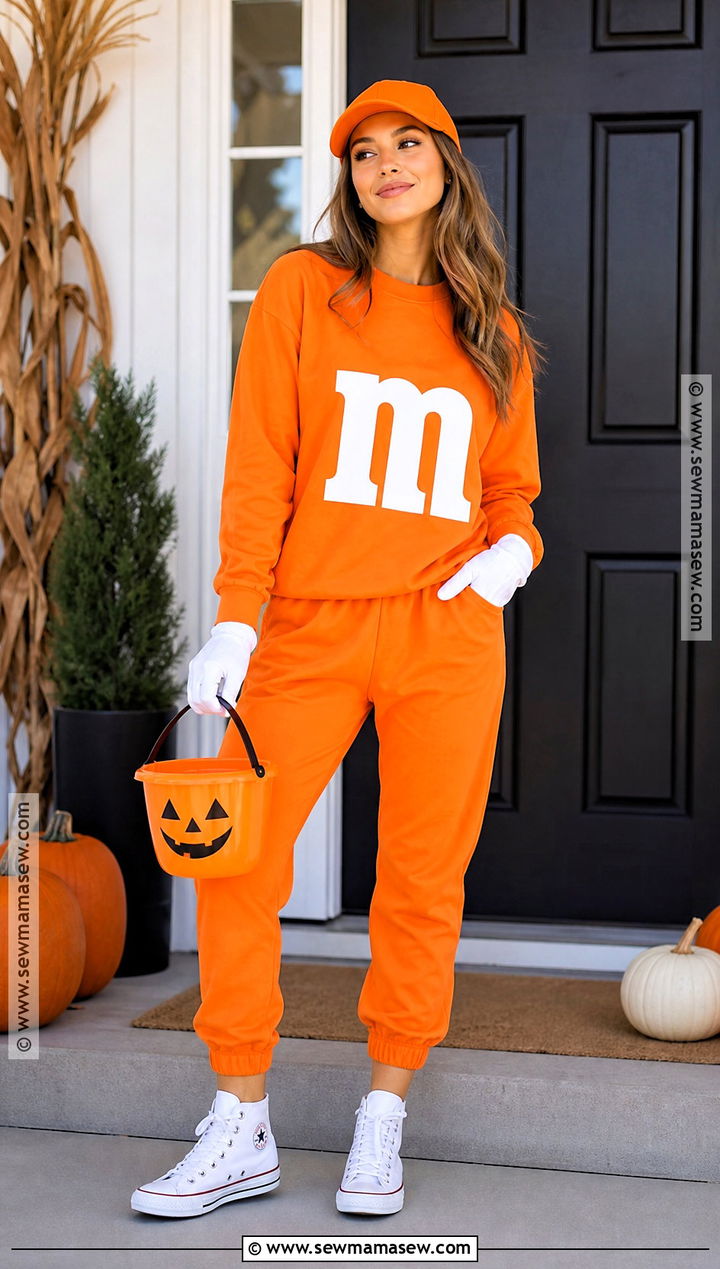 Orange MandM Costume With Baseball Cap - 40 m&m costume ideas