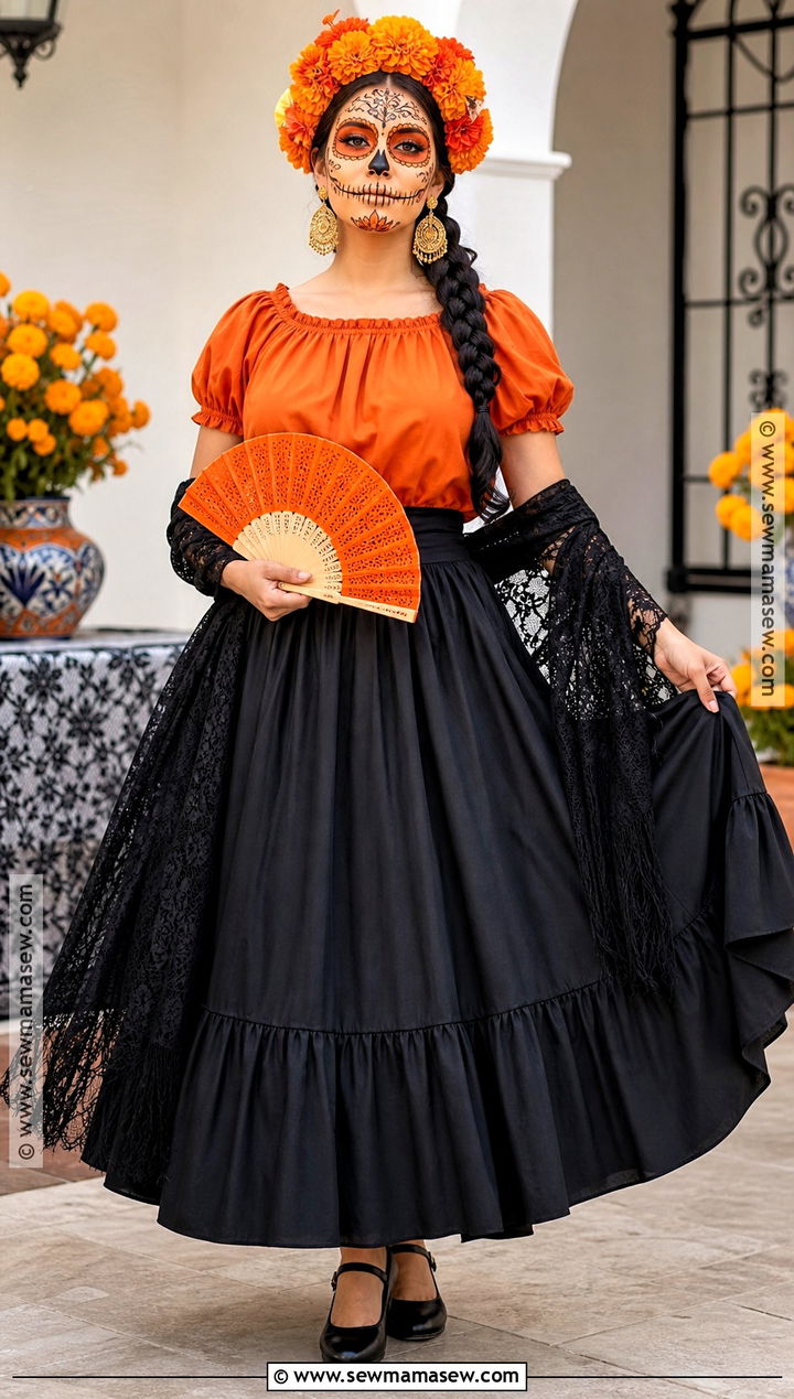 Orange Marigold Catrina Outfit - 35 day of the dead outfit ideas