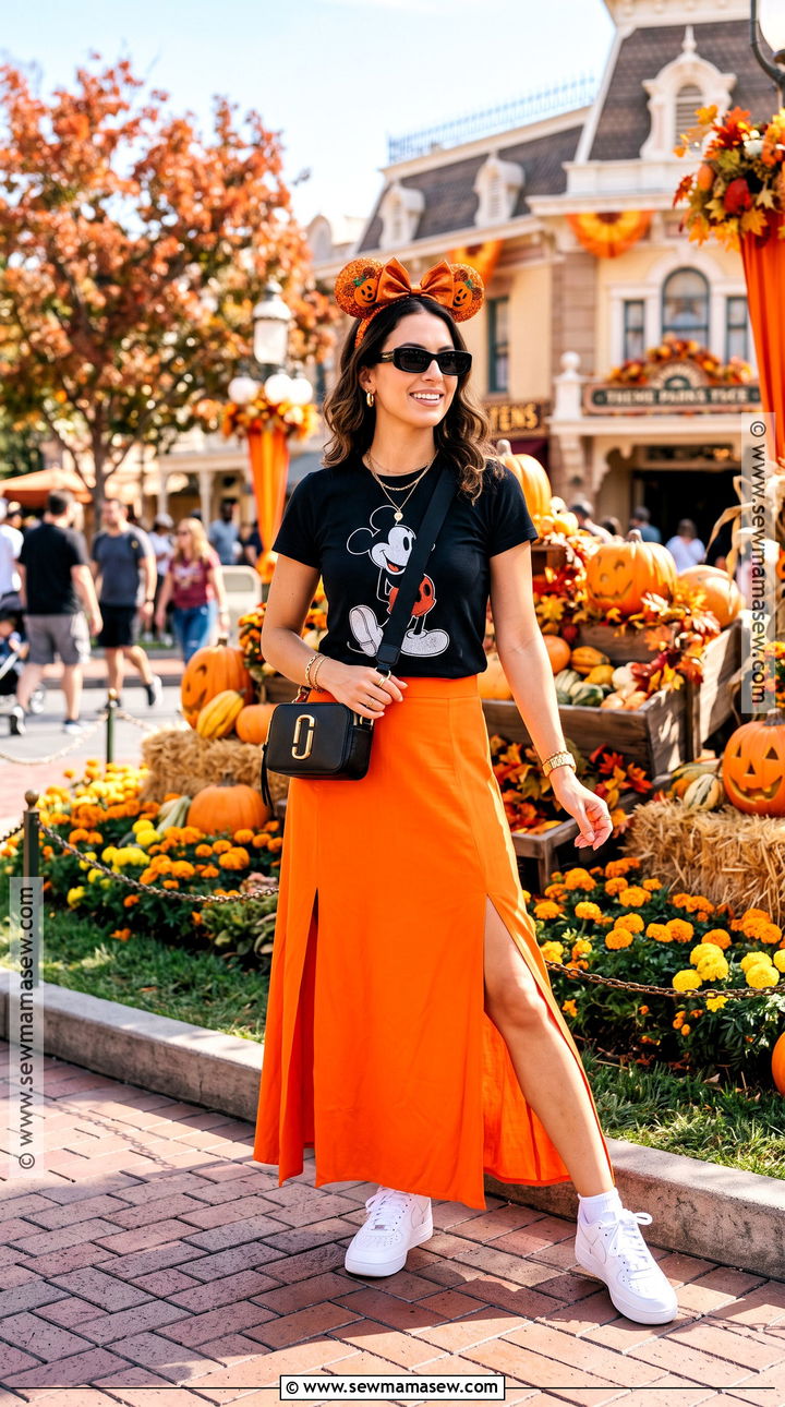 Orange Maxi Skirt And Mickey T Shirt Disney Outfit - 25 october disney outfits