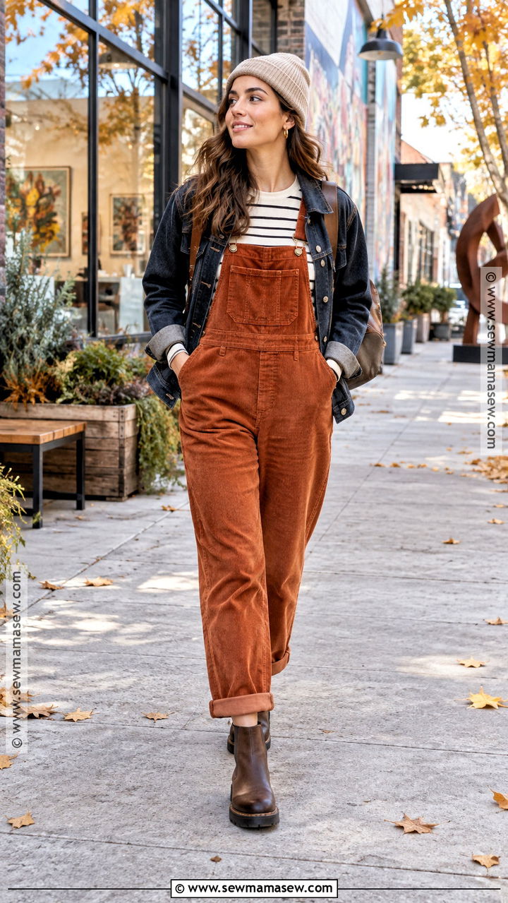 Orange Overalls With Striped Shirt - 20 autumn outfits orange