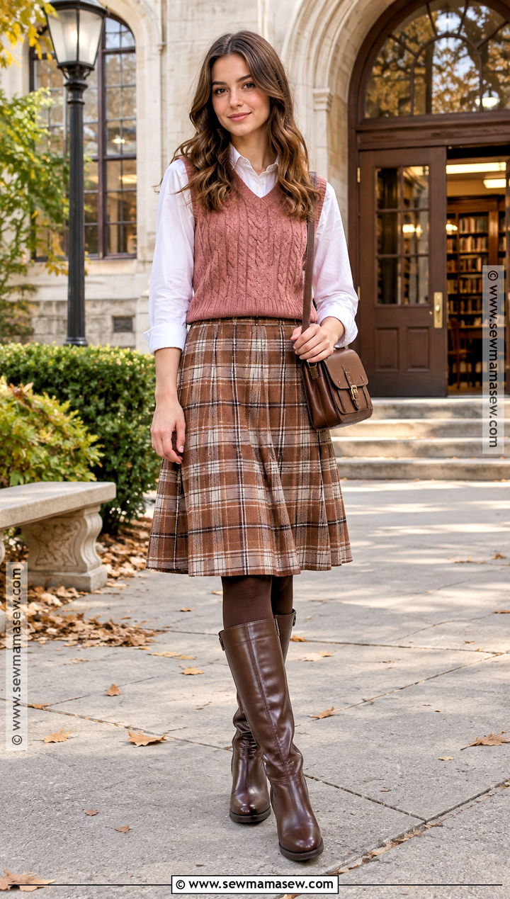 Orange Plaid Skirt And Pink Knit Vest Outfit - 15 pink and orange fall outfit ideas