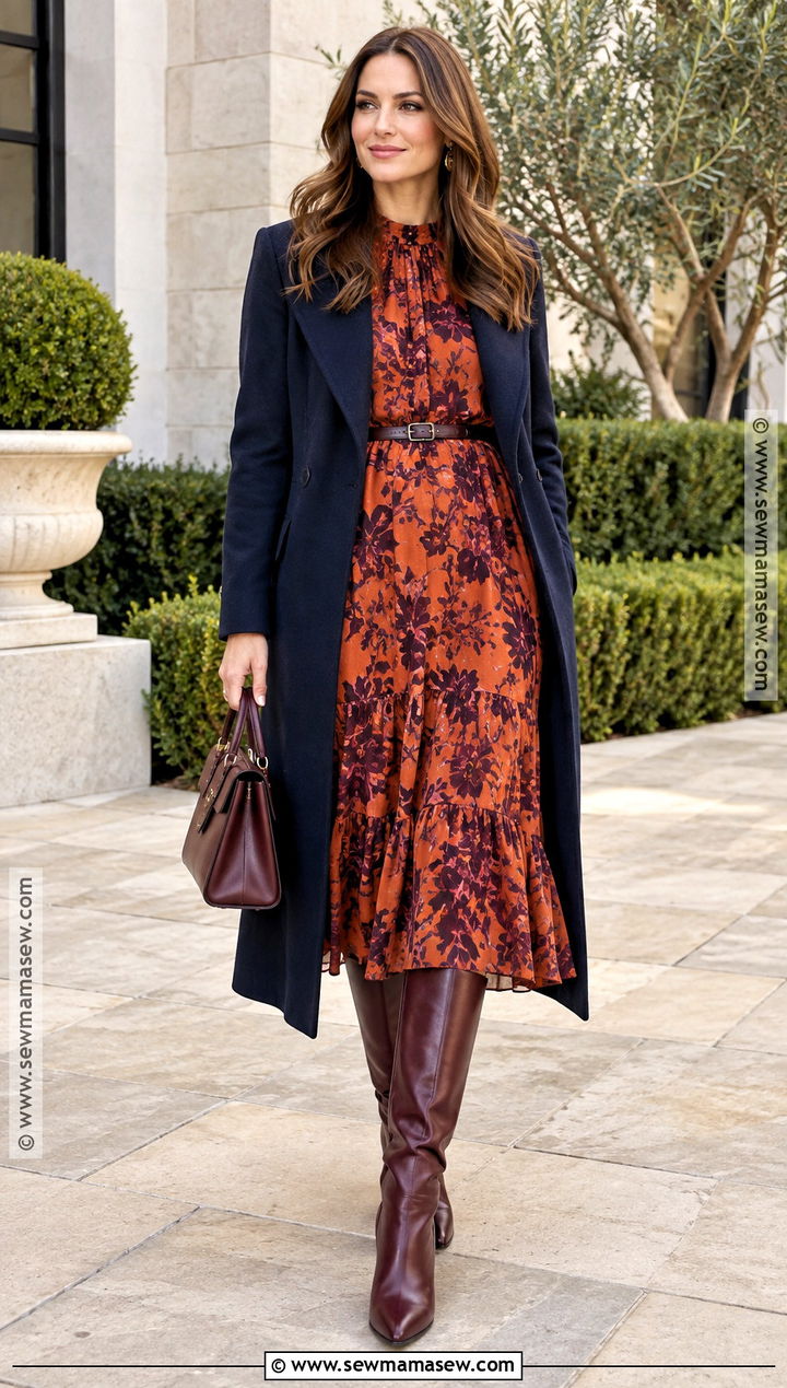 Orange Printed Midi Dress With Burgundy Boots - 15 Fall Fashion Orange Dress Ideas