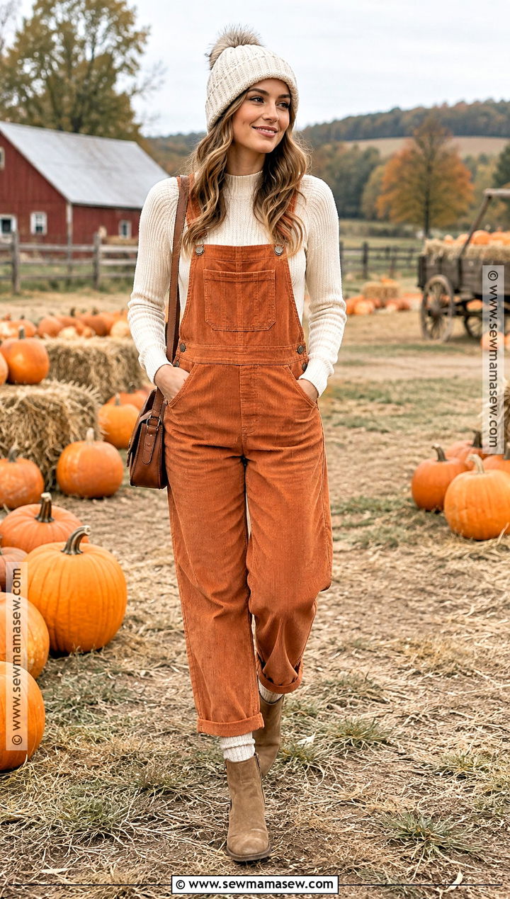 Orange Pumpkin Overalls With Cream Sweater - 15 Pumpkin Overalls