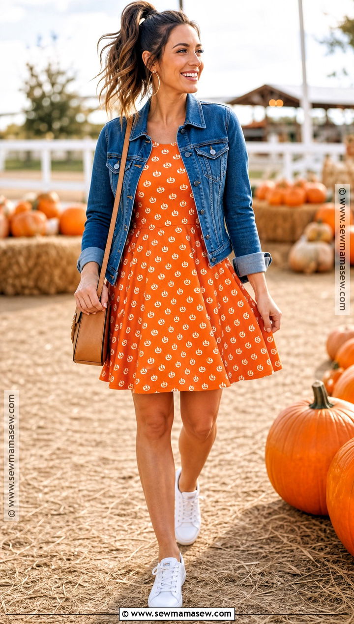 Orange Pumpkin Print Halloween Dress With Sneakers - 30 halloween dresses