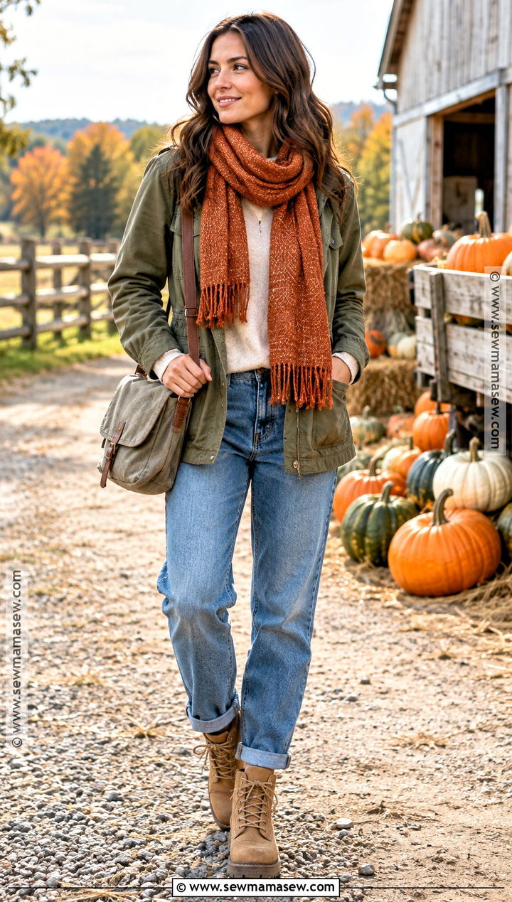 Orange Scarf With Utility Jacket And Jeans - 25 fall scarf ideas