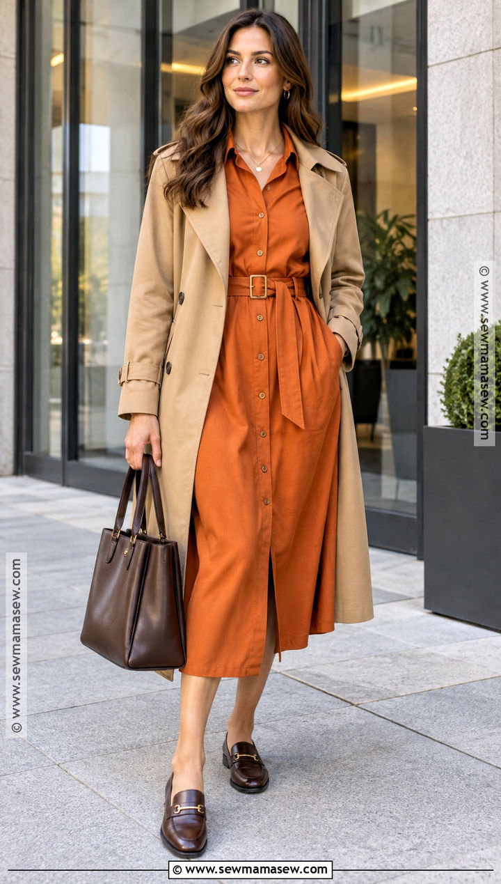 Orange Shirt Dress With Camel Trench Coat - 15 Fall Fashion Orange Dress Ideas