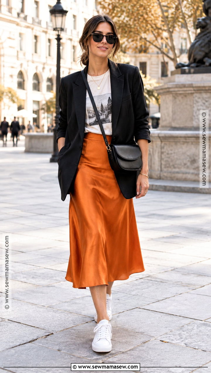Orange Skirt With Graphic T Shirt And Blazer - 20 orange skirt outfit fall ideas