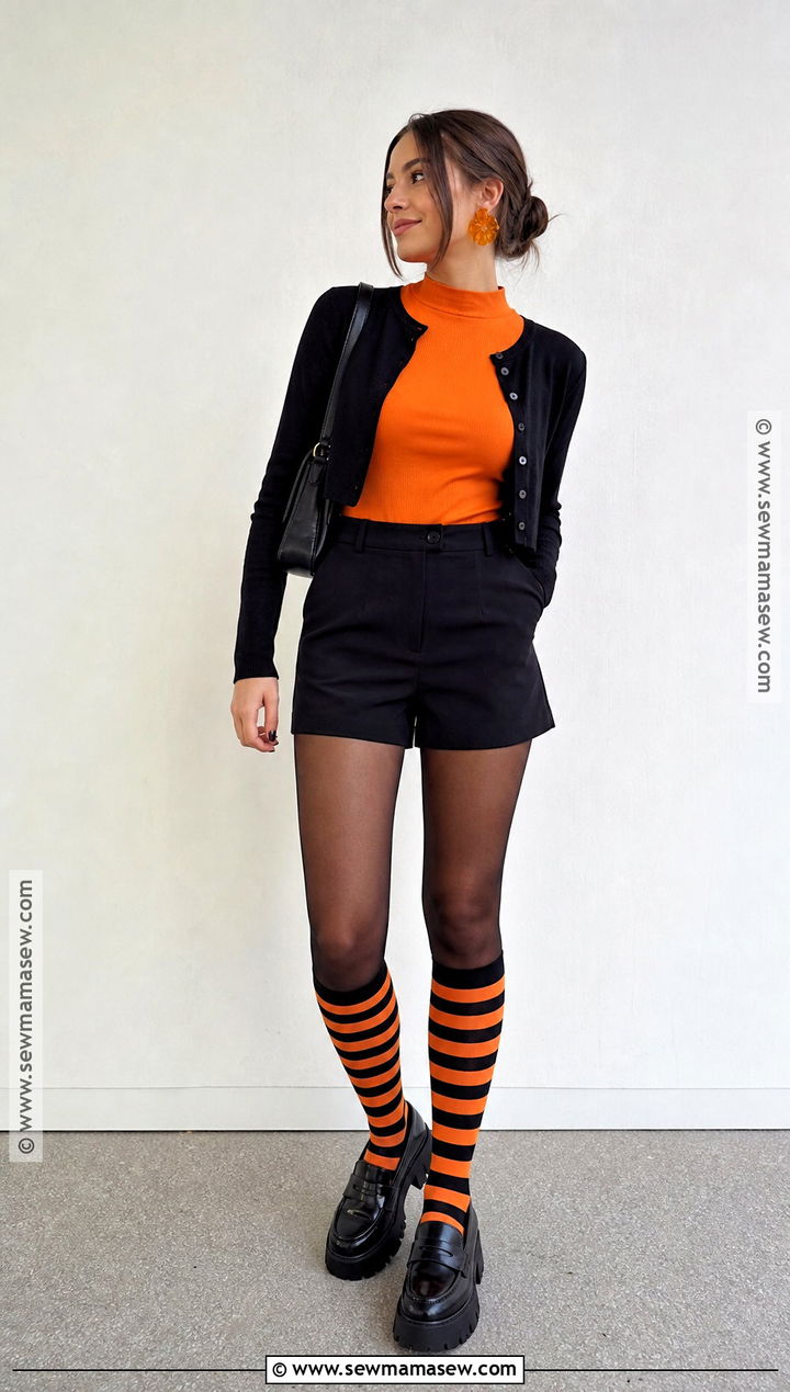 Orange Striped Halloween Socks With Black Shorts Outfit - 30 Halloween Socks Ideas