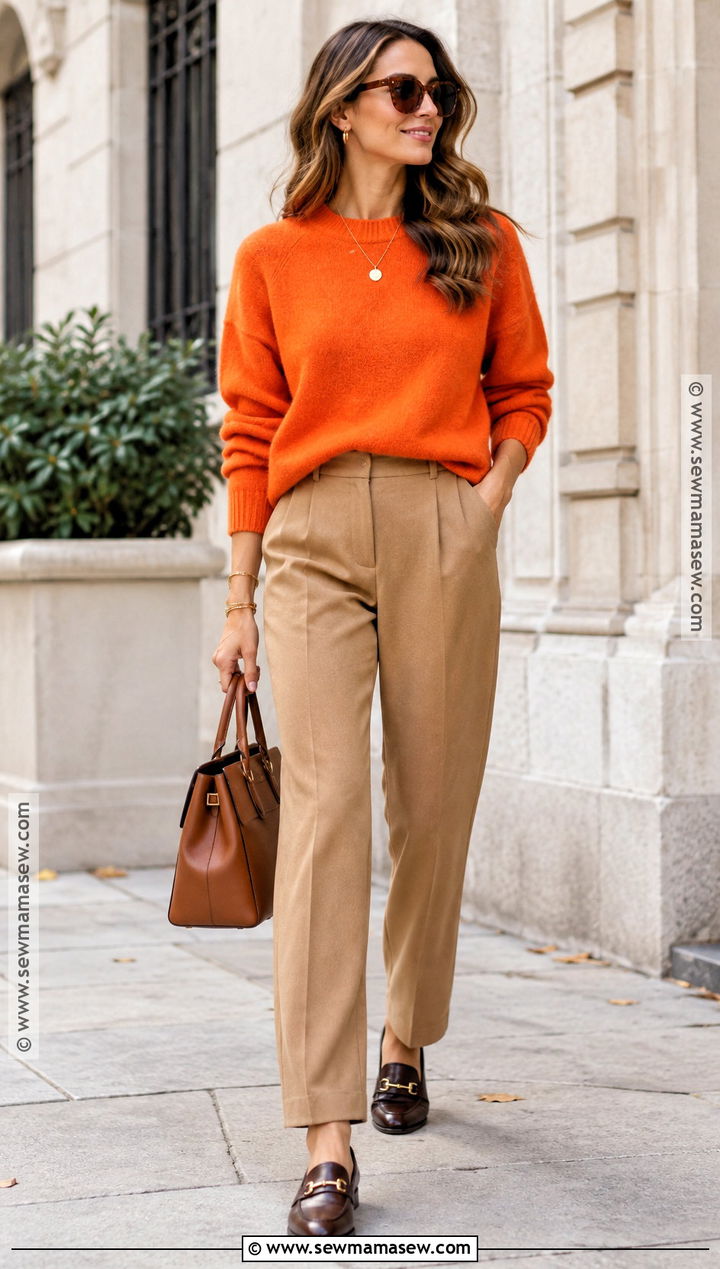 Orange Sweater And Camel Trousers Autumn Outfit - 20 Cool Girl Autumn Outfits