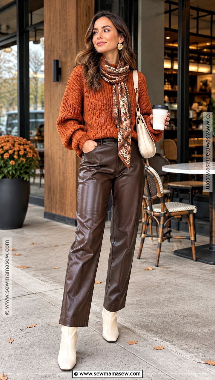 Orange Sweater And Chocolate Leather Pants Fall Outfit - 20 punchy fall outfits