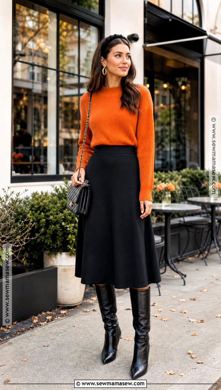 Orange Sweater Halloween Outfit With Black Skirt - 30 Halloween Fashion Outfits