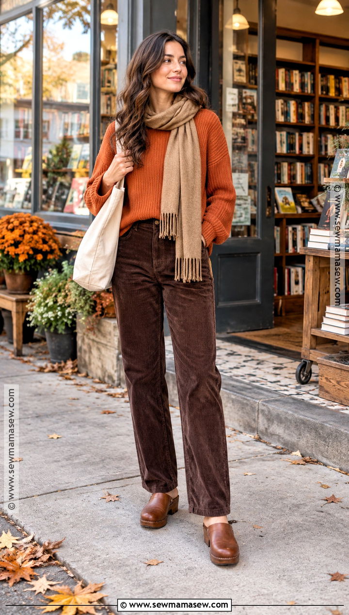 Orange Sweater With Brown Corduroy Pants And Clogs - 20 orange sweater outfit fall looks