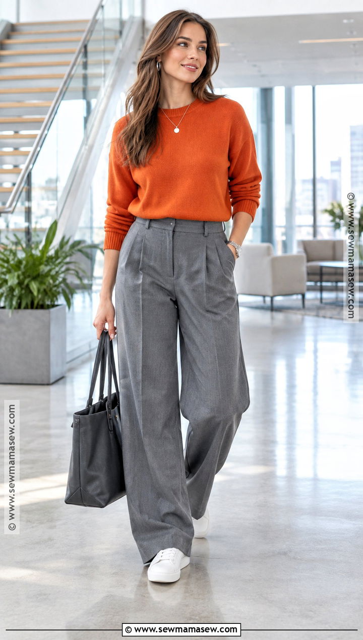 Orange Sweater With Gray Trousers And White Sneakers - 20 orange sweater outfit fall looks