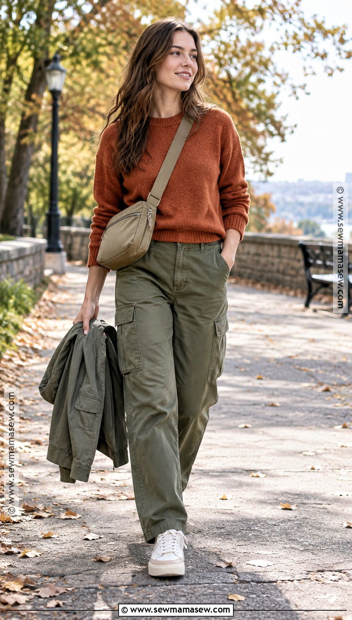 Orange Sweater With Olive Cargo Pants And Sneakers - 20 orange sweater outfit fall looks