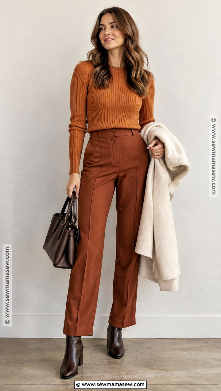 Orange Sweater With Rust Pants And Brown Boots - 20 orange sweater outfit fall looks