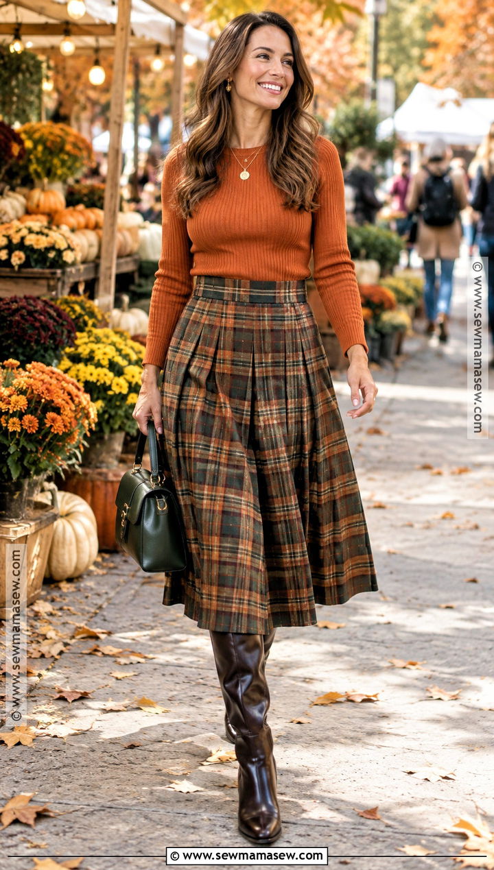 Orange Sweater and Plaid Skirt Fall Outfit - 15 colorful fall fashion outfits