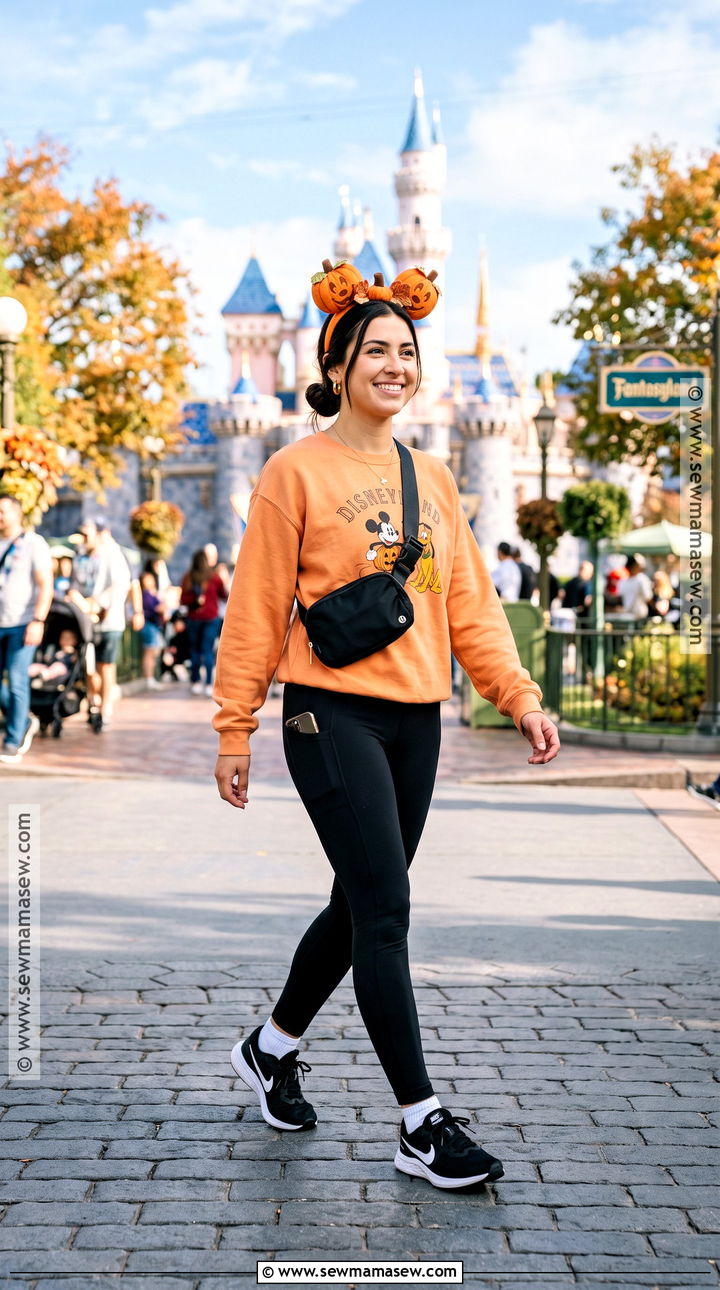 Orange Sweatshirt And Leggings Disneyland October Outfit - 20 Disneyland October Outfits