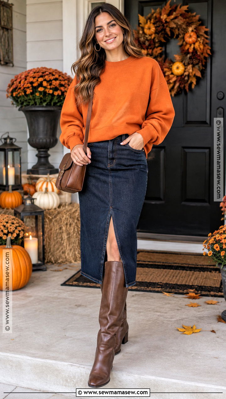 Orange Thanksgiving Sweatshirt With A Denim Midi Skirt - 20 Thanksgiving Sweatshirt Ideas